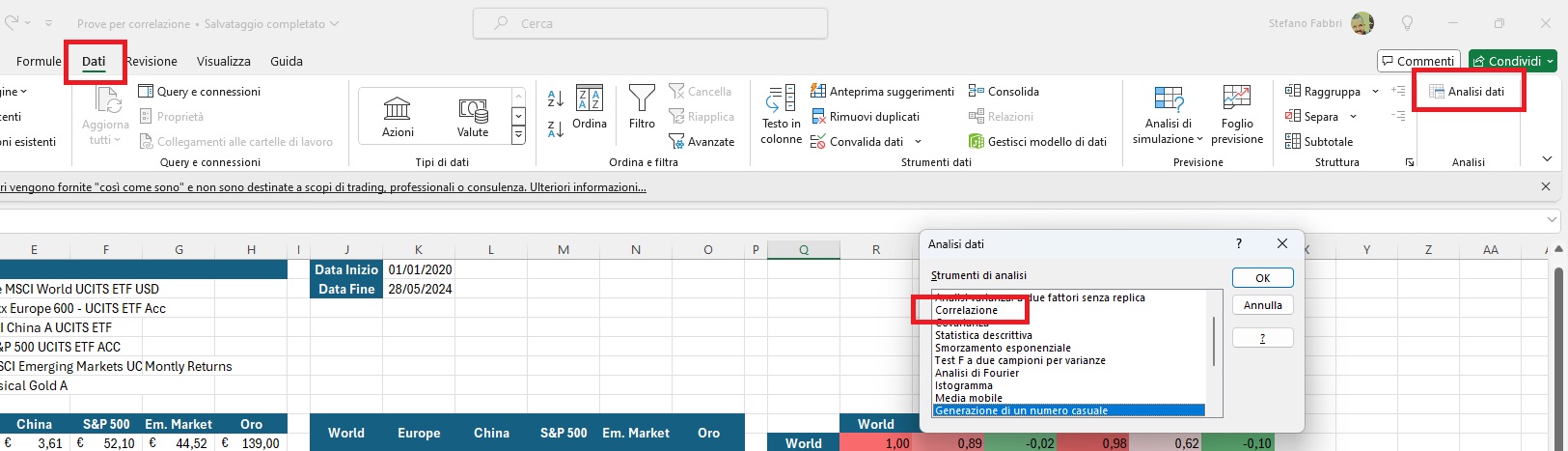 Come calcolare le correlazioni con lo strumento di analisi dati