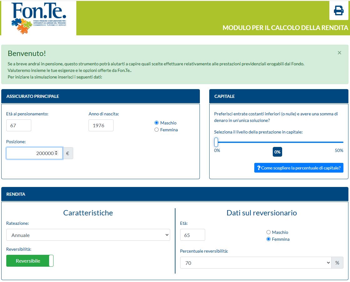 Parametri di simulazione della rendita